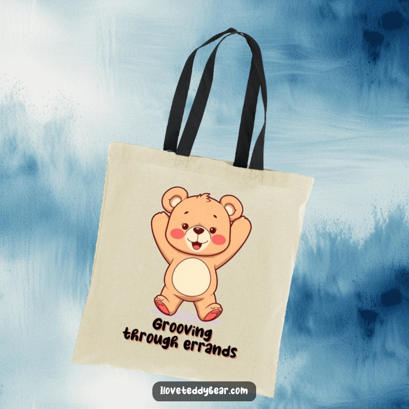 Funny tote bag showing a teddy bear dancing with arms in the air, perfect for carrying items with a fun, energetic theme.