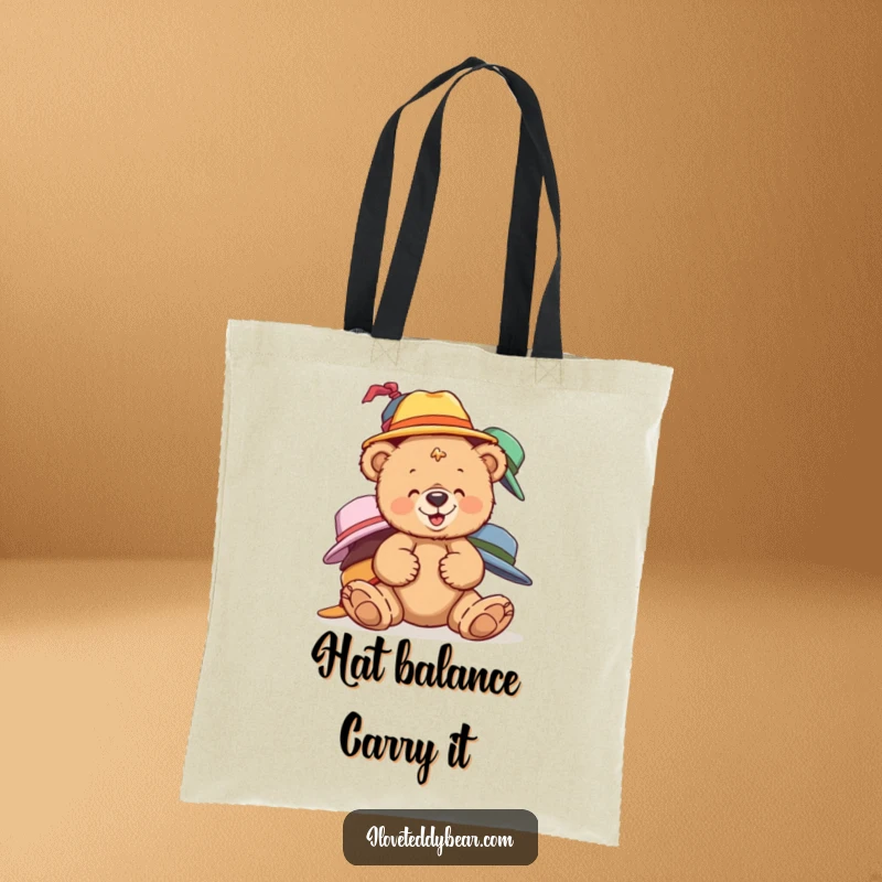 Funny teddy bear tote bag with a bear giggling while balancing mismatched hats, a humorous and practical accessory.