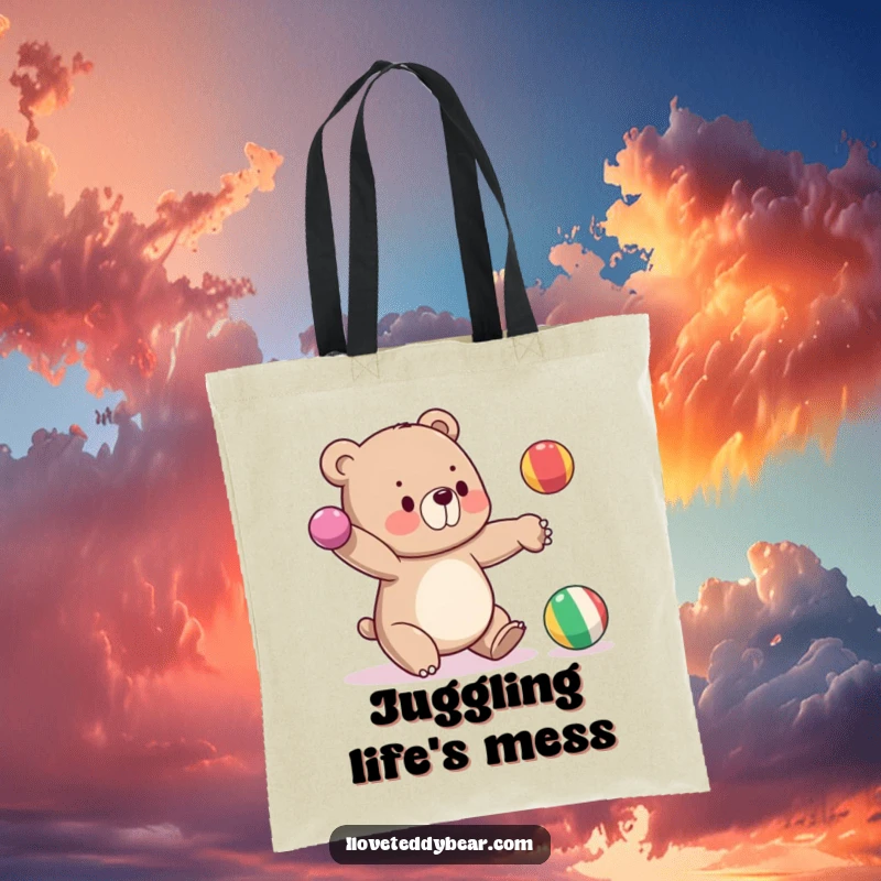 Funny tote bag with a bear attempting to juggle three balls, one falling, a humorous accessory for carrying daily items.