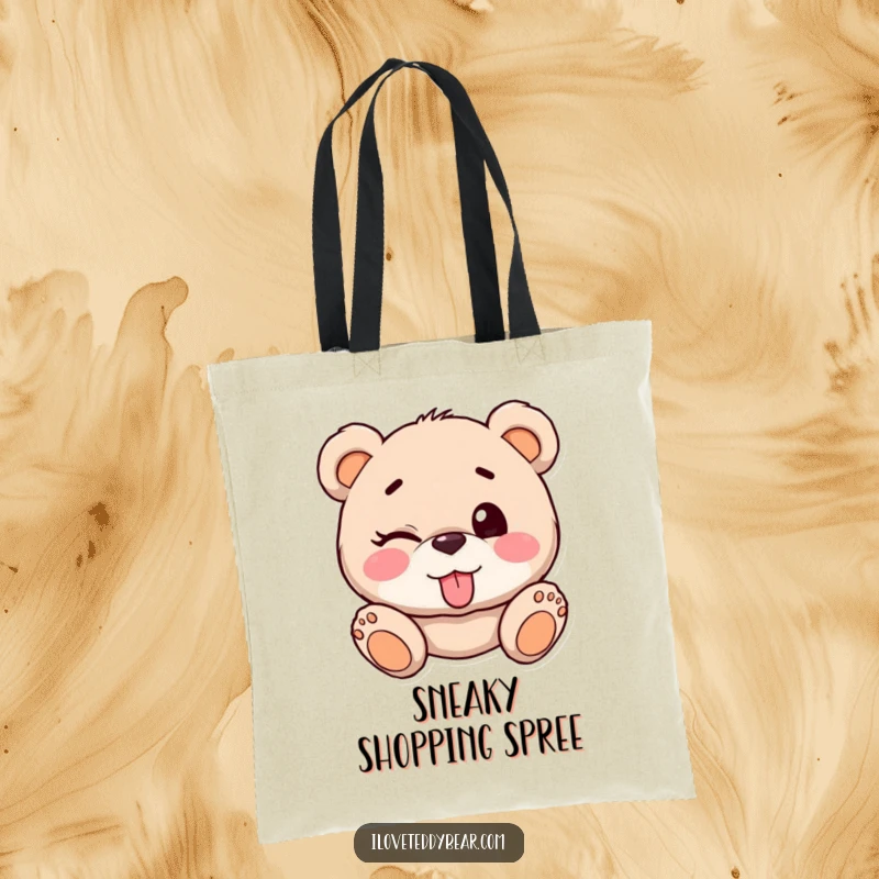 Funny Teddy Bear Winking Tote Bag: Teddy bear playfully winks with tongue out, adding a touch of cheekiness to everyday carry.