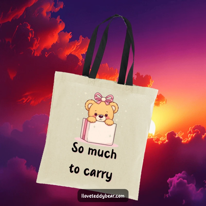 Funny tote bag featuring a teddy bear peeking from behind a giant, sparkly gift, perfect for stylish and playful everyday use.